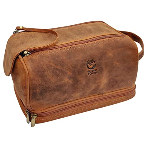 RUSTIC TOWN Genuine Leather Travel Toiletry Bag - Dopp Kit Organizer (Brown)