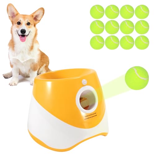 RERBIO Ball Launcher for Dogs, Automatic Dog Ball Launcher with 12 Tennis Ball, Interactive Dog Toys Pet Ball Indoor Outdoor Thrower Machine (Yellow Automatic Tennis Ball)