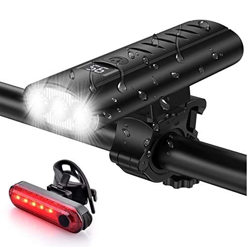 Bike Light Set USB Rechargeable - 5400mAh Bike Headlight & Taillight with Digital Display, 3 LED Super Bright 1600 Lumen 6 Lights Modes for All Bicycles, Road, Mountain, Night Riding