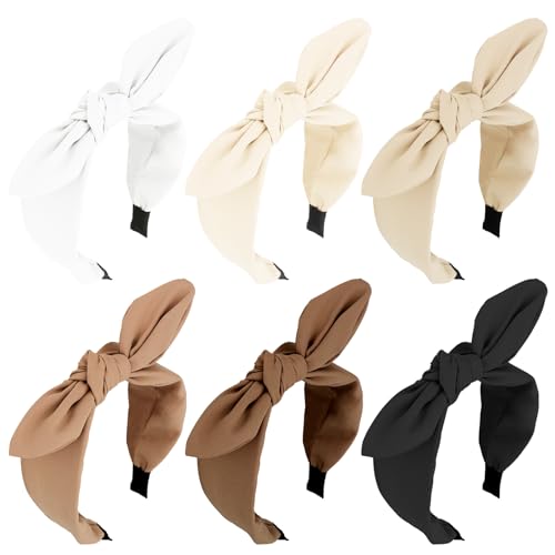 Jaciya 6 Pieces Knotted Bow Headbands for Women Wide Black Headbands for Girls Hair Accessories Knot Headband with Bow(Black/Brown/Khaki/White)