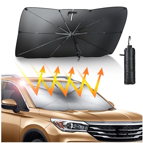 Luckyliz Car Windshield Sun Shade Umbrella for Sedan SUV, [4 Layers Nano Coating][10 Fiberglass Ribs] UV Protection & Heat Insulation Foldable Automotive Front Window Sunshade (57'x31')