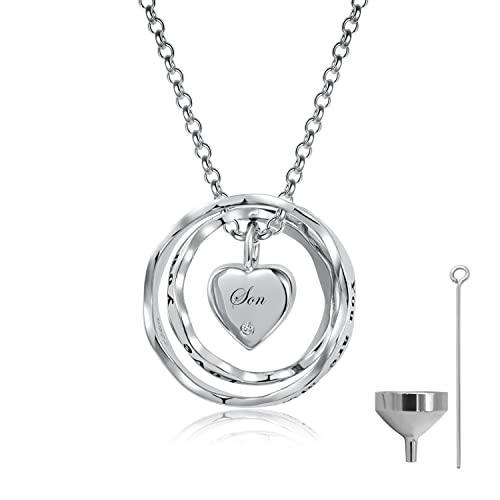 oGoodsunj Sterling Silver Keepsake Jewelry Cremation Pendant Eternity Urn Necklace for Ashes - Double Rings Urns Necklaces You Are Always In My Heart I Love You Forever (Son, White Gold)