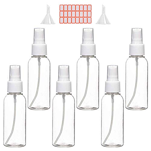 Zoizocp Spray Bottles, 2oz/50ml Clear Empty Fine Mist Plastic Mini Travel Bottle Set, Small Refillable Liquid Containers with 2pcs Funnels and 24pcs Labels (6 Pack)