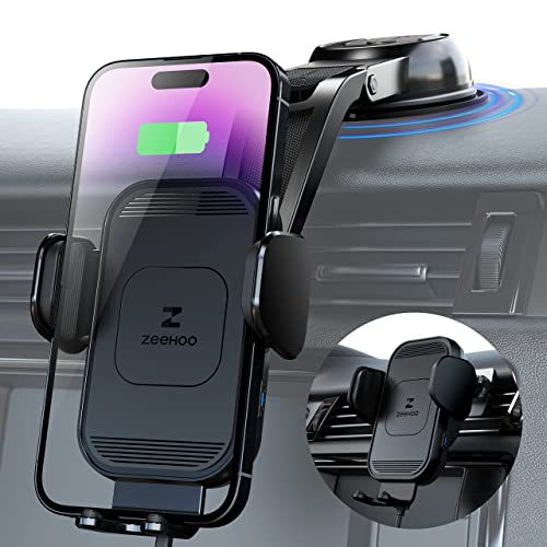 ZeeHoo Wireless Car Charger, 15w Fast Charging, Auto Clamping Car Phone Mount, Cell Phone Holder Charger, for iPhone 15 14 13 12 11 Pro Max Xs, Etc. (Black)