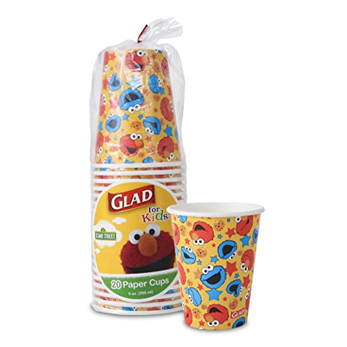 Glad for Kids Sesame Street Elmo & Cookie Monster Paper Cups | Elmo & Cookie Monster Cups with Stars, Kids Drinking Cups | Sesame Street Friends Paper Cups for Everyday Use, 9 oz Paper Cups 20 Ct