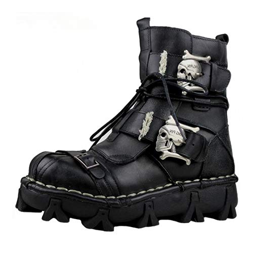 Lorie & Knight Mens Genuine Leather Military Army Boots Gothic Skull Punk Motorcycle Boots, Black, 13 Wide