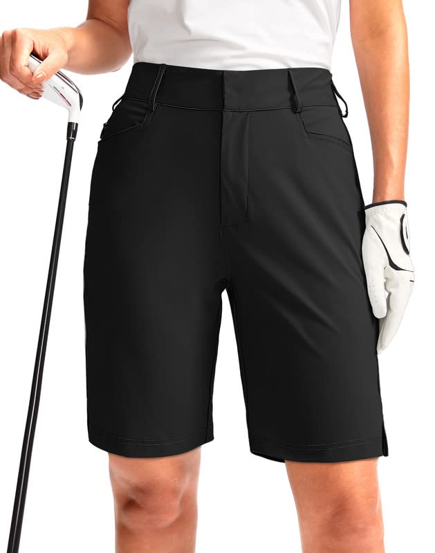 Viodia Women's 9'' Golf Shorts with Pockets Lightweight Quick Dry Bermuda Long Shorts for Women Summer Hiking Walking Black
