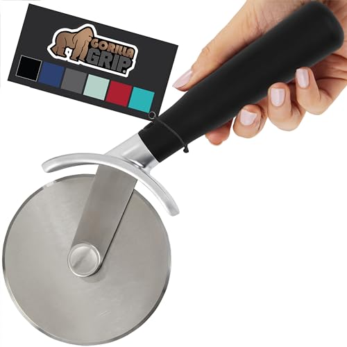 Gorilla Grip Large Pizza Cutter Wheel, 9 Inch, Sharp Stainless Steel Blade, Rust Resistant, Comfort Handle, Thumb Guard Protection, Slice Thick or Thin Pizzas, Pie Crust, Pastries in Seconds, Black