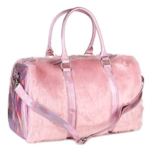 Risup Extra Large Laser Handbag Purse Fancy Duffel Bag 19in Faux Fur Bags for Travel and Overnight, Pink