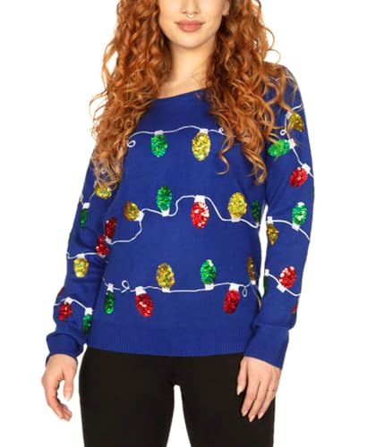 Tipsy Elves Sequined Ugly Christmas Sweater for Women Christmas Lights Cute Lady's Holiday Decorations Blue Pullover Size Medium