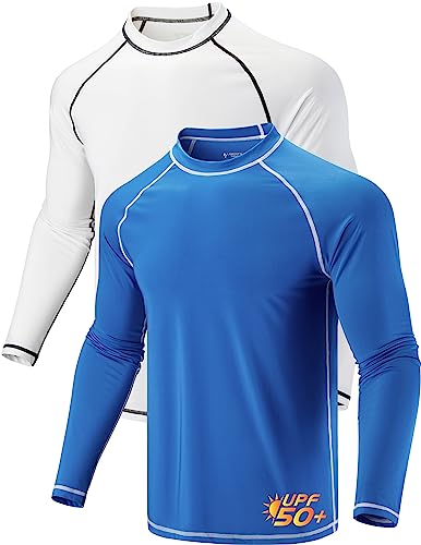 2 Pack Men's Sun Protection Long Sleeve Swim Shirts UPF 50+ Loose Fit Rash Guards Fishing Quick Dry Clothing (Blue/White, Large)