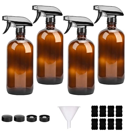 Amber Glass Spray Bottle 16oz 4 Pack Boston Bottles Durable Empty Reusable Refillable Container & Labels with Adjustable Nozzle for Cleaning, BBQ, Food, Alcohol, Essential Oils, Hair Salon