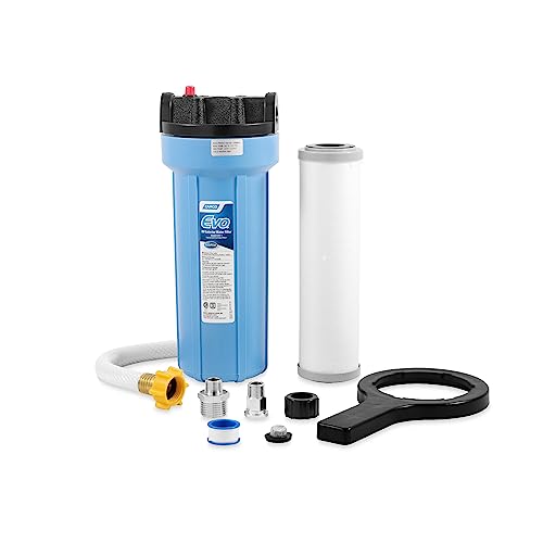 Camco Evo Camper/RV Water Filter | Features Granulated Activated Carbon for Bacteria Control & a Replaceable Premium Spun Polypropylene Filter Cartridge | Includes a 12-Inch Extension Hose (40631)