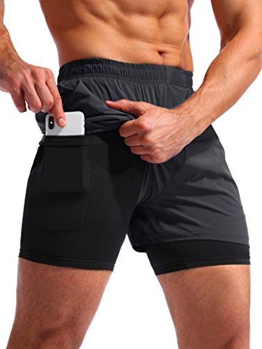 Pudolla Men’s 2 in 1 Running Shorts 5' Quick Dry Gym Athletic Workout Shorts for Men with Phone Pockets(Dark Grey Large)
