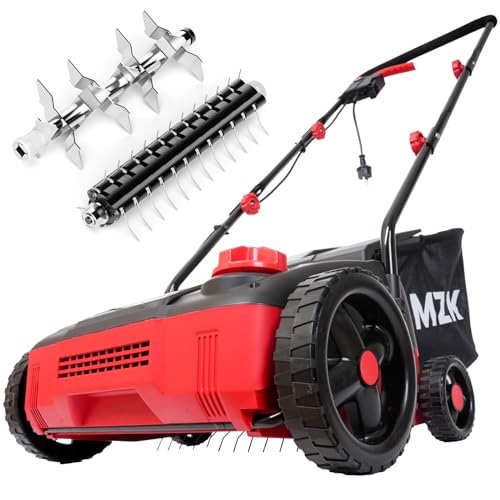 MZK 13-inch 12-Amp 2-in-1 Electric Dethatcher and Scarifier w/Removeable 8-Gallon Collection Bag, 4-Position Height Adjustment, Keep Lawn Health