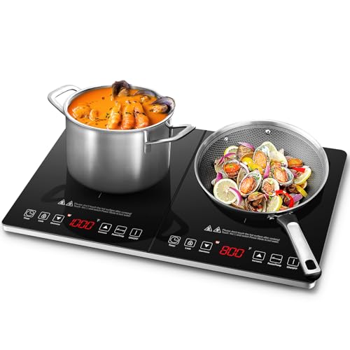 Double Induction Cooktop AMZCHEF Induction Cooker 2 Burners, Low Noise Electric Cooktops With 1800W Sensor Touch, 10 Temperature & Power Levels,Independent Control,3-hour Timer, Safety Lock