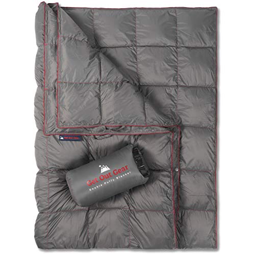 Get Out Gear Double Puffy Camping Blanket - Extra Puffy, Packable, Lightweight and Warm | Ideal for Outdoors, Travel, Stadium, Festivals, Beach, Hammock | Water-Resistant Camp Quilt (Gray/Burgundy)