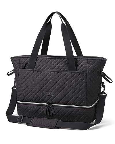 BAGSMART Weekender Overnight Bag 39L Large Travel Duffle Bag for Women, Quilted Cotton Sports Gym Bag with Shoe Compartment, Carry-on Bag with Multiple Pockets, Machine Washable(Black)