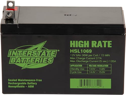 Interstate Batteries 12V 9Ah High Rate Battery (Nut & Bolt Terminal) SLA AGM VRLA Rechargeable Replacement for Generac Generators, 0G9449, UPS Backup Systems (HSL1069)