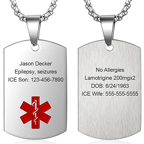 Wendy Made Medical Alert Necklace for Men Women Stainless Steel Engraved Medical ID Tag Emergency Med Alert Necklace for Men & Women Medical Alert Jewelry (Silver, Customize)