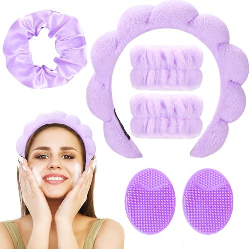 Spa Headband for Washing Face or Makeup Wristband Set,Sponge Bubble Headbands Skincare headband,Puffy Terry Cloth Hairband for Women Skin Care Makeup Headwear Hair Accessories