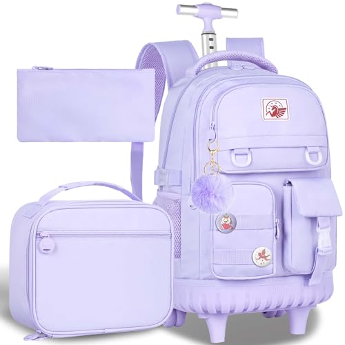CCJPX Rolling Backpack for Girls Women, 21 inch Roller Wheels School Bookbag, Wheeled Suitcase Backpacks with Lunch Bag for Teen - Purple