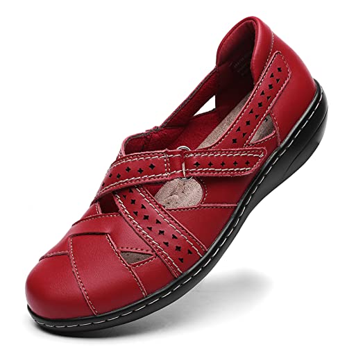 Irrefour Women's Classic Red Genuine Leather Casual Loafer Cute Slip-On Fashion Closed Toe Flat Sandal Comfy Work Sandal Everyday Walking Shoe 1607-HON090