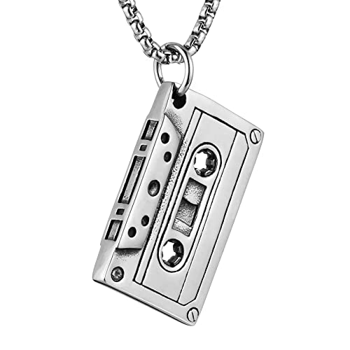 HZMAN Double Sided Stainless Steel Vintage Tape Necklace Hip Hop Pendant 22+2 Inch Box Chain