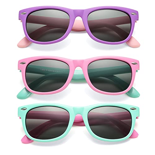 COASION Kids Polarized Sunglasses Set TPEE Rubber Flexible Shades for Girls Boys Age 3-9 Sunglasses 3 Pack (Purple/Grey + Rosepink/Grey + Applegreen/Grey)