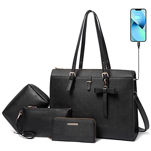 Keyli Laptop Tote Bag for Women Christmas Gifts Waterproof Leather Work Briefcase with Built-in USB Charging Port Computer Shoulder Bags Fits 15.6 Inch, Business Handbag Purse 4pcs Set Black