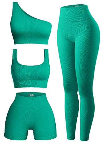 OQQ Women's 4 Piece Outfits Ribbed Exercise Scoop Neck Sports Bra One Shoulder Tops High Waist Shorts Leggings Active Set Green