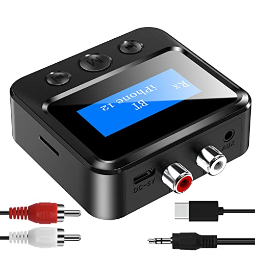 Bluetooth Transmitter Receiver for TV, Bluetooth Receiver for Home Stereo with RCA 3.5mm AUX & Display, Music Audio Adapter for Headphones/Speakers/Airplane/Home Theater/PC/Car, with TF Card Output