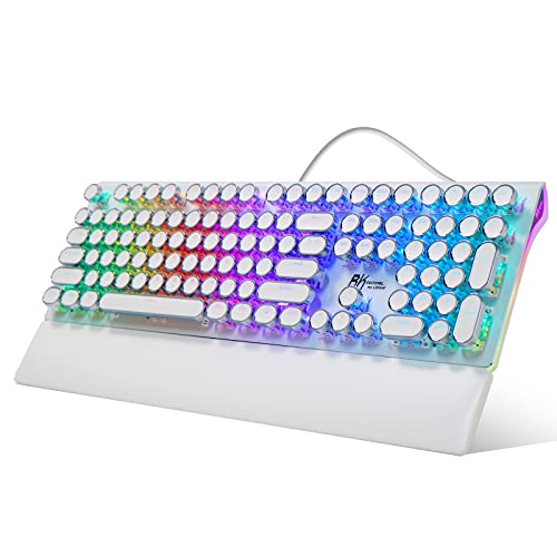 RK ROYAL KLUDGE Typewriter Mechanical Gaming Keyboard with Rainbow RGB Backlight & Sidelight, Retro Punk Round Keycaps, and Removable Wrist Rest