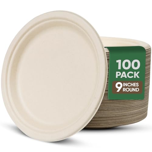 TaidMiao Paper Plates 9 Inches, 100 Pack Disposable Plates For Party – 100% Compostable Plates, Water & Oil Proof Paper Plates, Microwavable Paper Plates Bulk - Brown