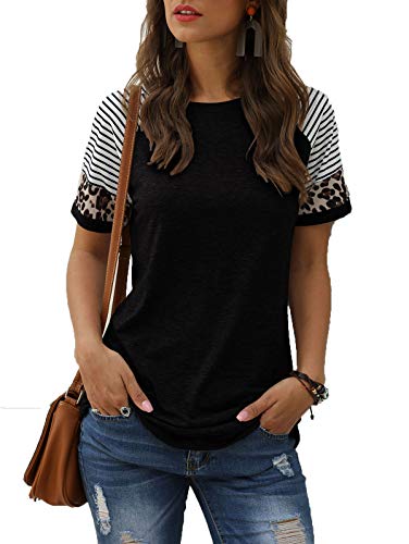 Adibosy Women Short Sleeve Shirts: Leopard Summer Casual Tee Tshirt - Womens Crew Neck Tunic Tops Blouses Black XL