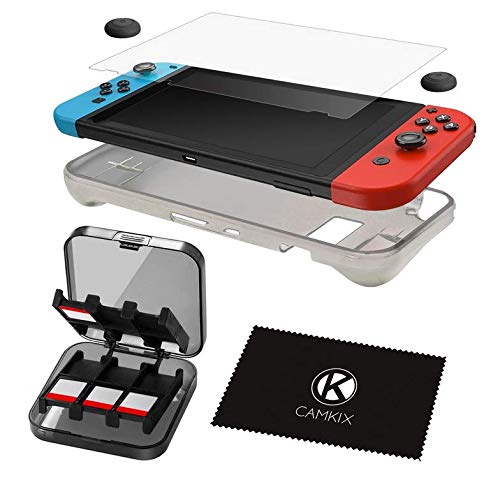 CamKix Storage and Protection Kit compatible with Nintendo Switch: Silicone TPU Cover, Anti Scratch Screen Protector, Storage Case for 24 Game Cards, Thumb Grip Covers, Cleaning Cloth