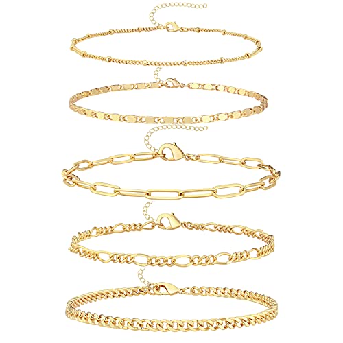 Gokeey Gold Ankle Bracelets for Women 14k Real Gold Layered Anklet Set Waterproof Paperclip Satellite Mirror Figaro Cuban Chain Beach Anklet Bracelet Jewelry Adjustable Size 5pc