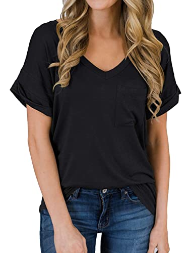 MIHOLL Women's Short Sleeve V-Neck Shirts Loose Casual Tee T-Shirt (Black, X-Large)