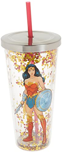 Spoontiques - Glitter Filled Acrylic Tumbler - Glitter Cup with Straw - 20 oz - Stainless Steel Locking Lid with Straw - Double Wall Insulated - BPA Free - Wonder Woman - Multicolor