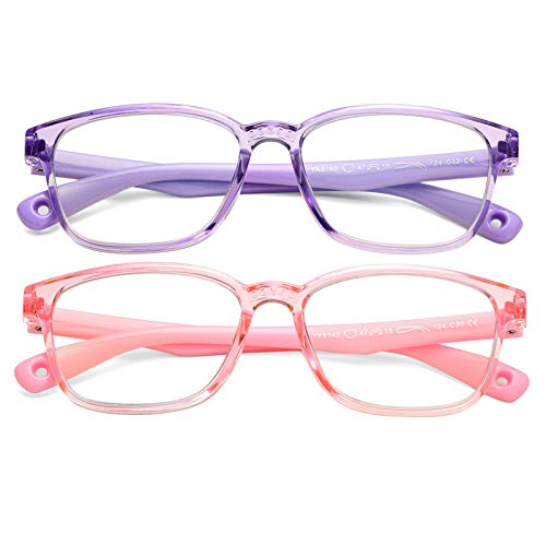 Braylenz 2 Pack Kids Computer Blue Light Blocking Glasses Girls Boys Clear Nerd TR90 Eyeglasses Frame Age 3-10 (Clear Pink+Clear Purple)