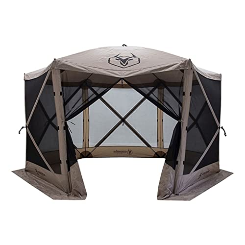 Gazelle Tents G6 8 Person 12 by 12 Pop Up 6 Sided Portable Hub Gazebo Screen Canopy Tent with Large Main Door, Wind Panels, and Screens, Desert Sand
