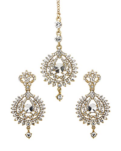 Bindhani Rhinestone Round Drop Gold Toned Indian Earrings With HeadPiece Maang Tikka For Women