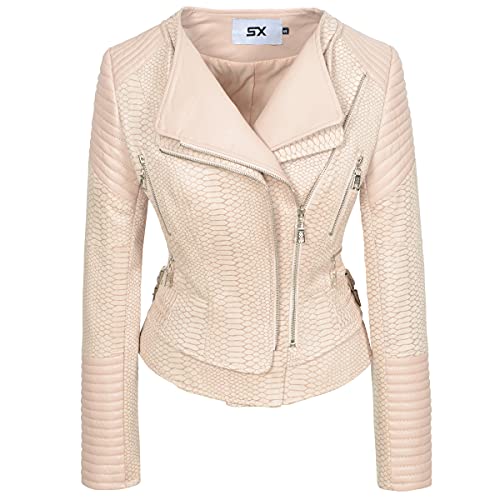 Fashion SX Womens Gothic Faux Suede Leather Jacket Long Sleeve Zipper Short Moto Biker Coat （Pink snake patternXL）