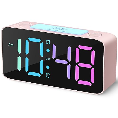 Super Loud Alarm Clock for Heavy Sleepers Adults,RGB Digital Clock with 7 Color NightLight,Adjustable Volume,USB Charger,Small Clocks for Bedrooms Bedside,ok to Wake for Kids,Teens (Pink+RGB)