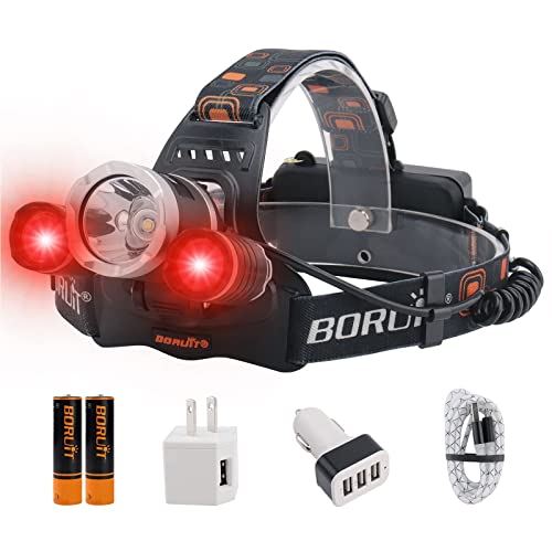 BORUIT rj-3000 LED Red Headlamp Rechargeable Hunting Head Lamp Super Bright 5000 Lumens 3 Modes Head Light IPX4 Waterproof USB Headlight for Adults Outdoor Fishing Camping
