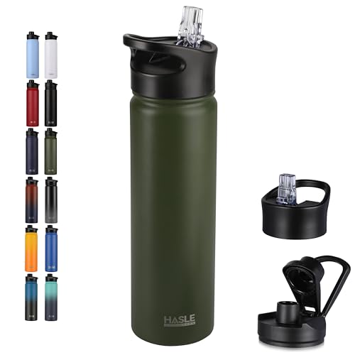 HASLE OUTFITTERS Insulated Water Bottle 22 oz Double Wall Stainless Steel Water Bottle Wide Mouth with Straw Lid & Spout Lid Keeps Cold or Hot(Army Green,1)