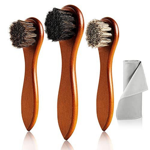Unekez 4-Piece Horse Hair Shoe Brush Shine Kit, Shoe Polish Brush, Leather Shoes Boot Cleaning Brushes Care Clean Dauber Applicator