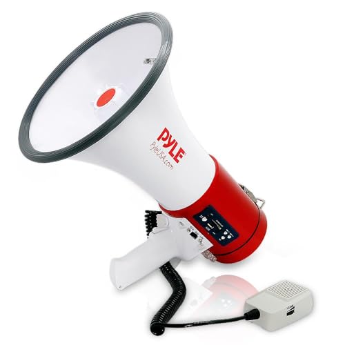 Pyle Megaphone 50-Watt Siren Bullhorn - Bullhorn Speaker w/ Detachable Microphone, Portable Lightweight Strap & Rechargeable Battery - Professional Outdoor Voice for Police & Cheerleading - PMP57LIA