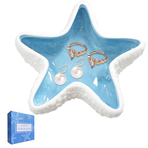 ZGRTZH Starfish Jewelry Dish Tray Ceramic Blue Ring Holder for Jewelry Trinket Dish Candy Dish Jewelry Tray Jewelry Plate Small Key Bowl for Entryway Table Birthday Home Party Decor