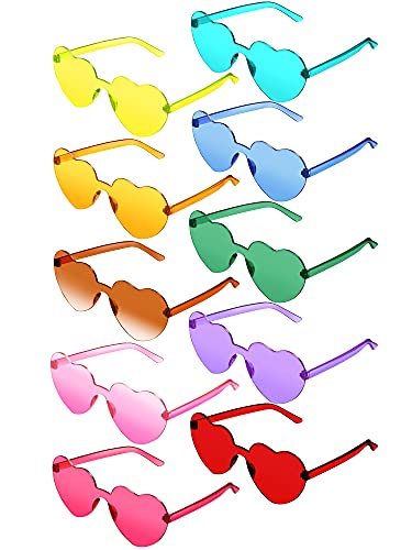 TOODOO 10 Pairs Heart Shaped Sunglasses Rainbow Sunglasses Candy Color Rimless Glasses for Women Girl Party Favor(Multi Colors)
